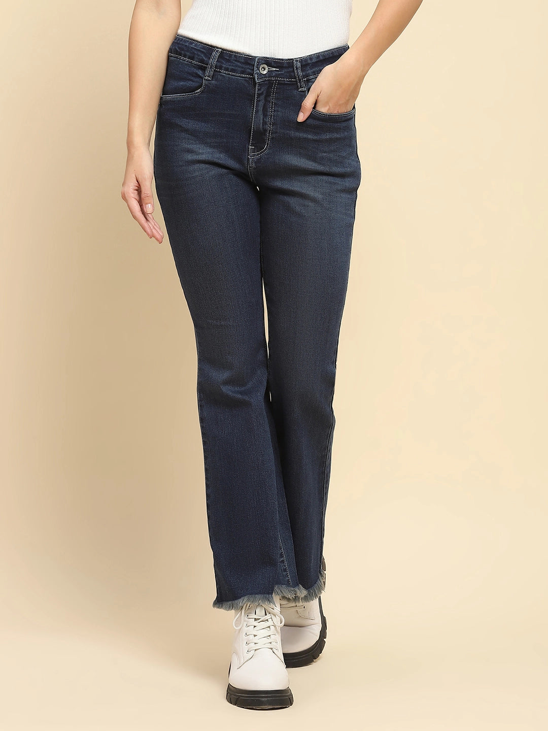 Tint Blue Cotton Blend Solid Bootcut Jeans