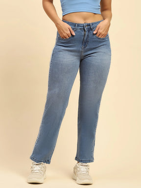 Blue Solid Cotton Blend Straight Fit Jeans