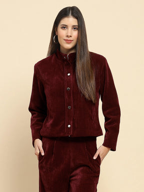 Wine Poly Blend Solid Regular Fit Short Jacket For Winter