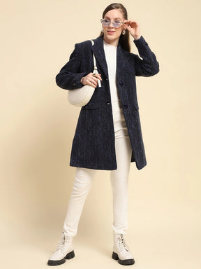 Navy Blue Self Design Poly Acrylic Regular Fit Coat