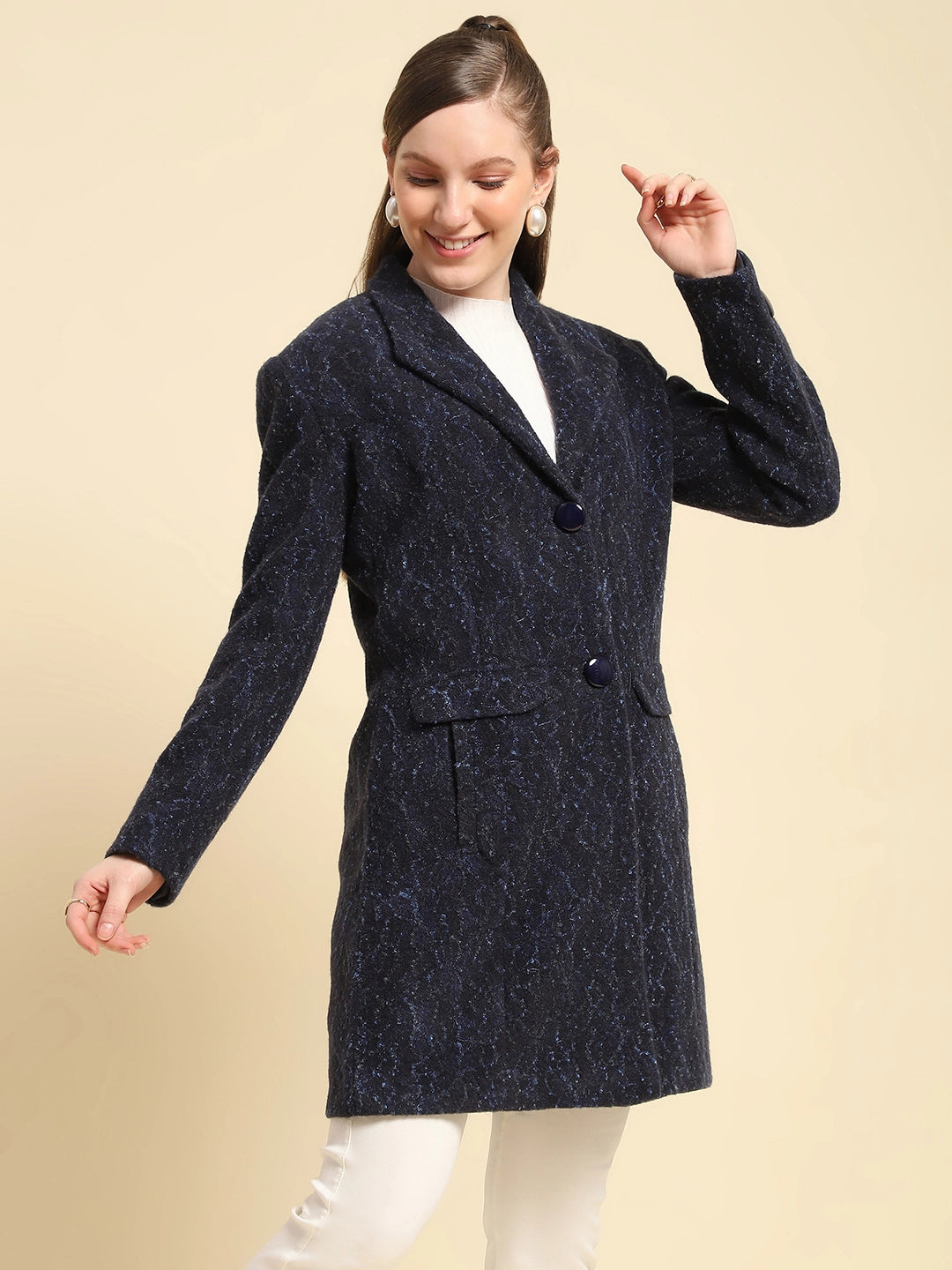 Navy Blue Self Design Poly Acrylic Regular Fit Coat