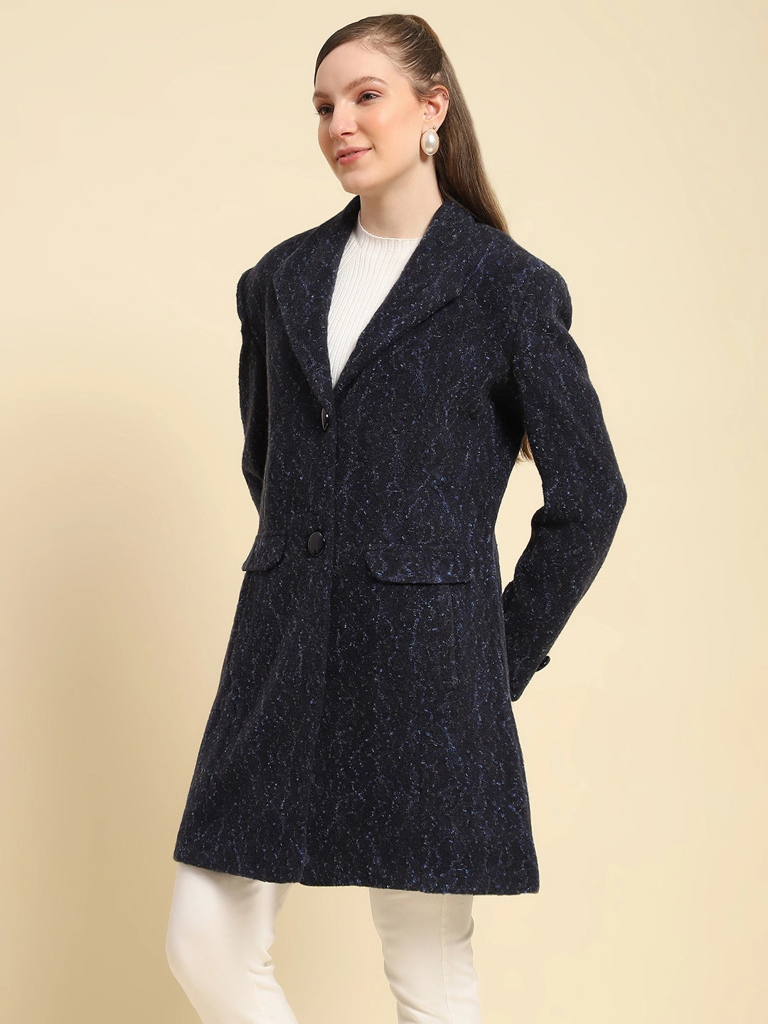 Navy Blue Self Design Poly Acrylic Regular Fit Coat