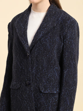 Navy Blue Self Design Poly Acrylic Regular Fit Coat