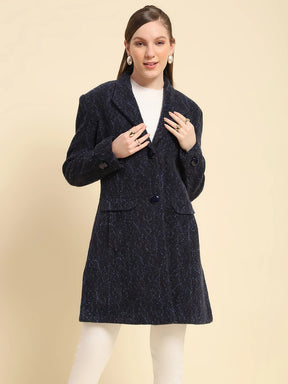 Navy Blue Self Design Poly Acrylic Regular Fit Coat