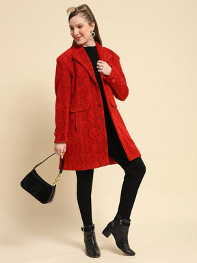 Red Self Design Poly Acrylic Regular Fit Coat