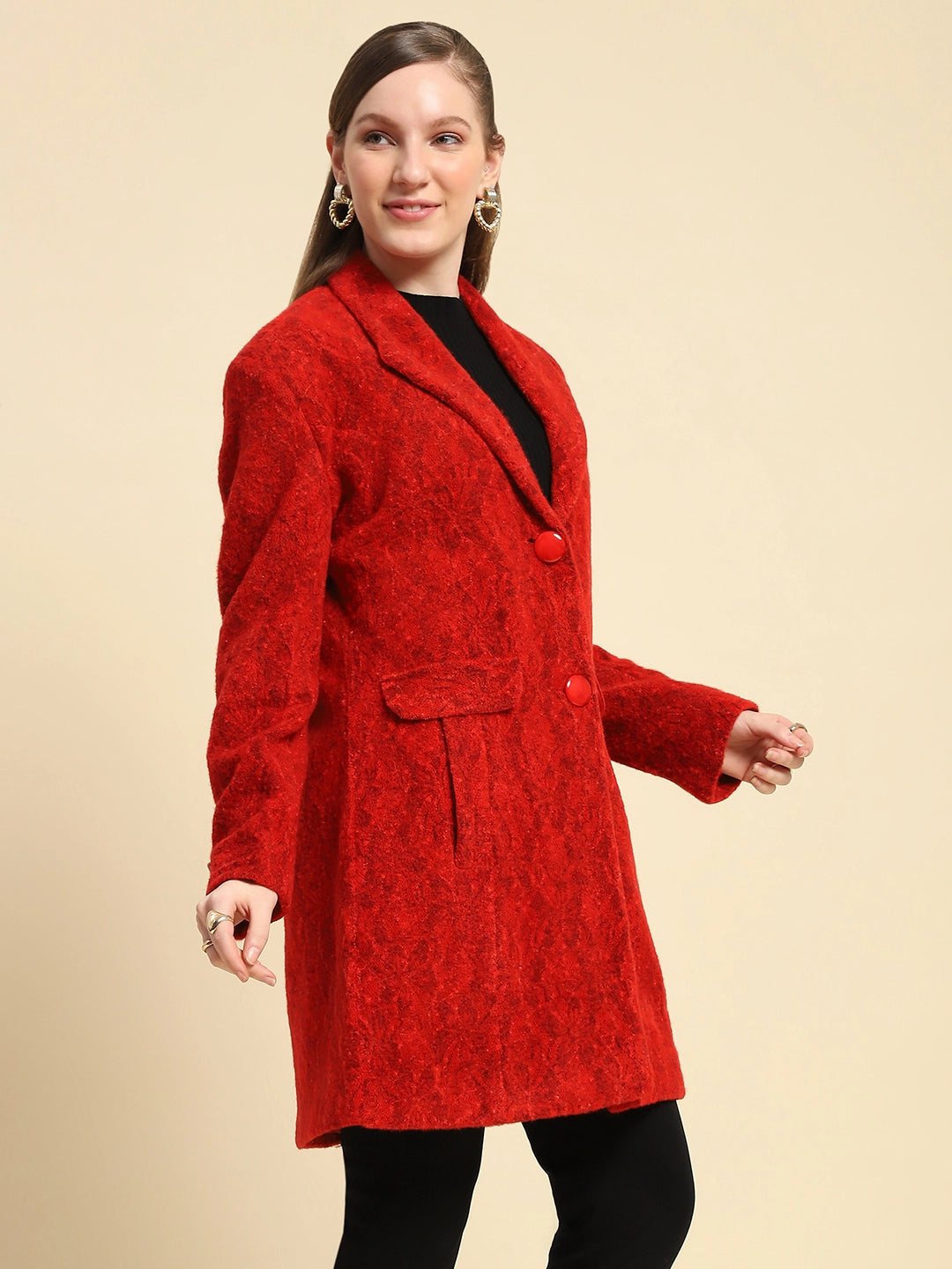 Red Self Design Poly Acrylic Regular Fit Coat