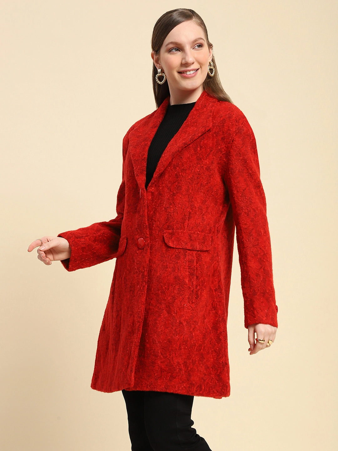 Red Self Design Poly Acrylic Regular Fit Coat