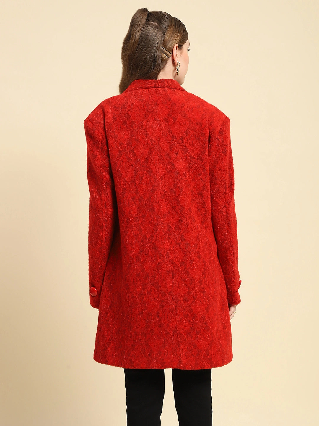 Red Self Design Poly Acrylic Regular Fit Coat