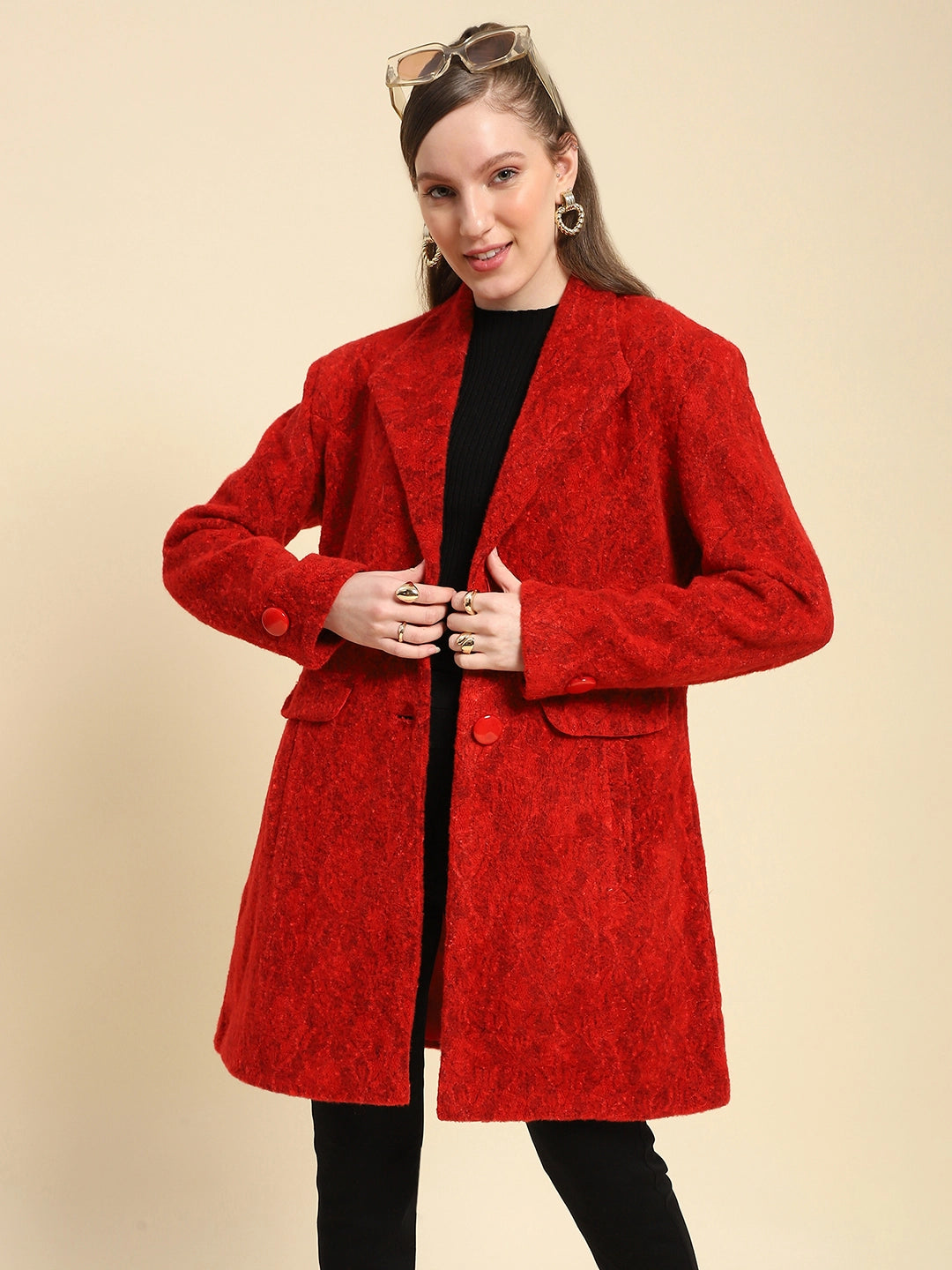 Red Self Design Poly Acrylic Regular Fit Coat