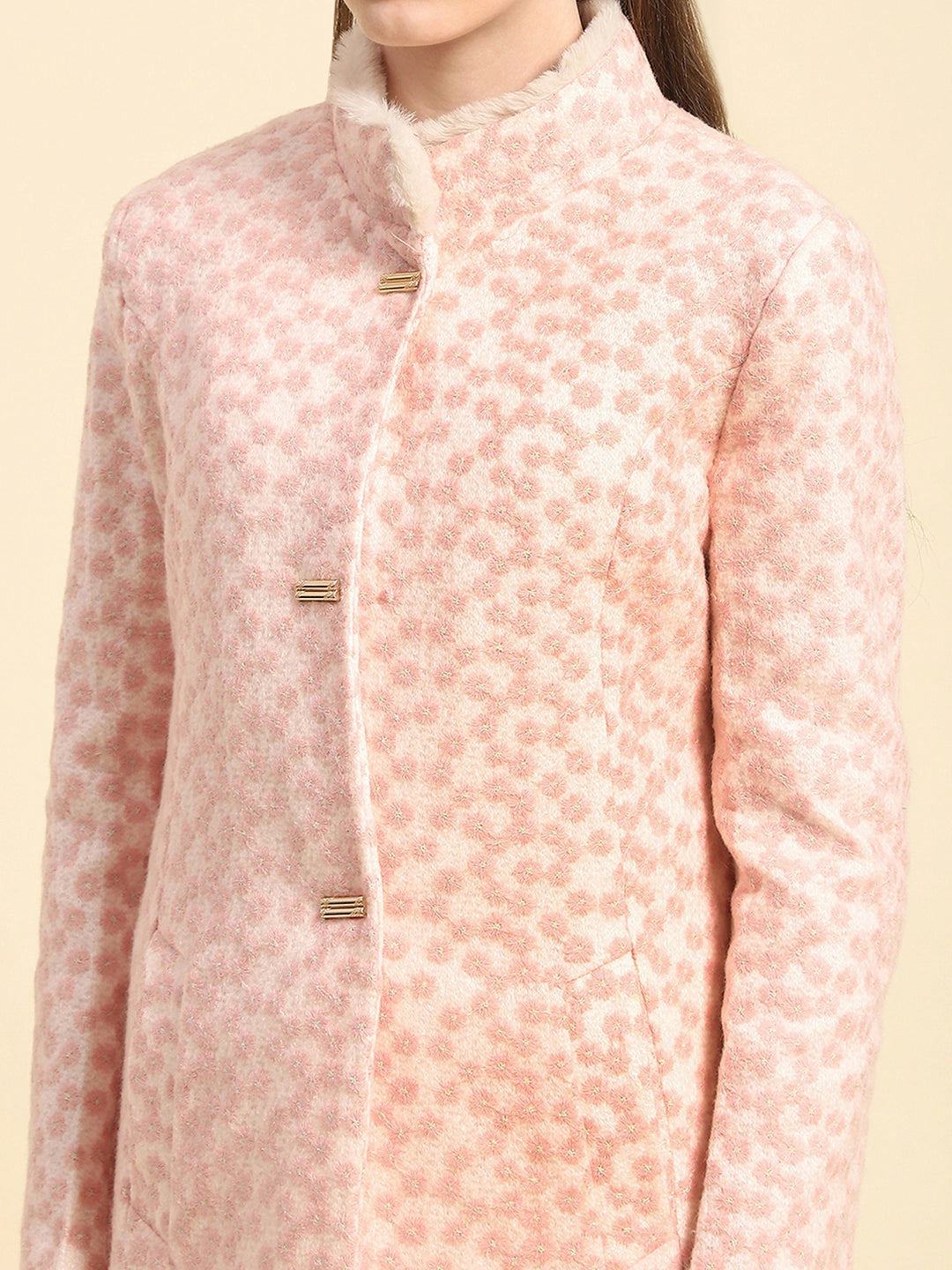 Pink Floral Embroidery Poly Acrylic Regular Fit Coat