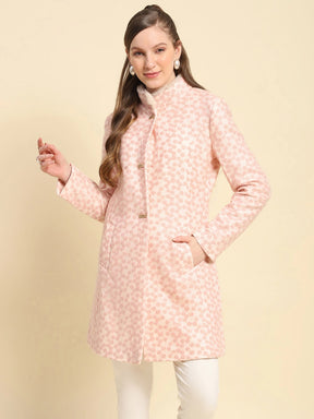 Pink Floral Embroidery Poly Acrylic Regular Fit Coat