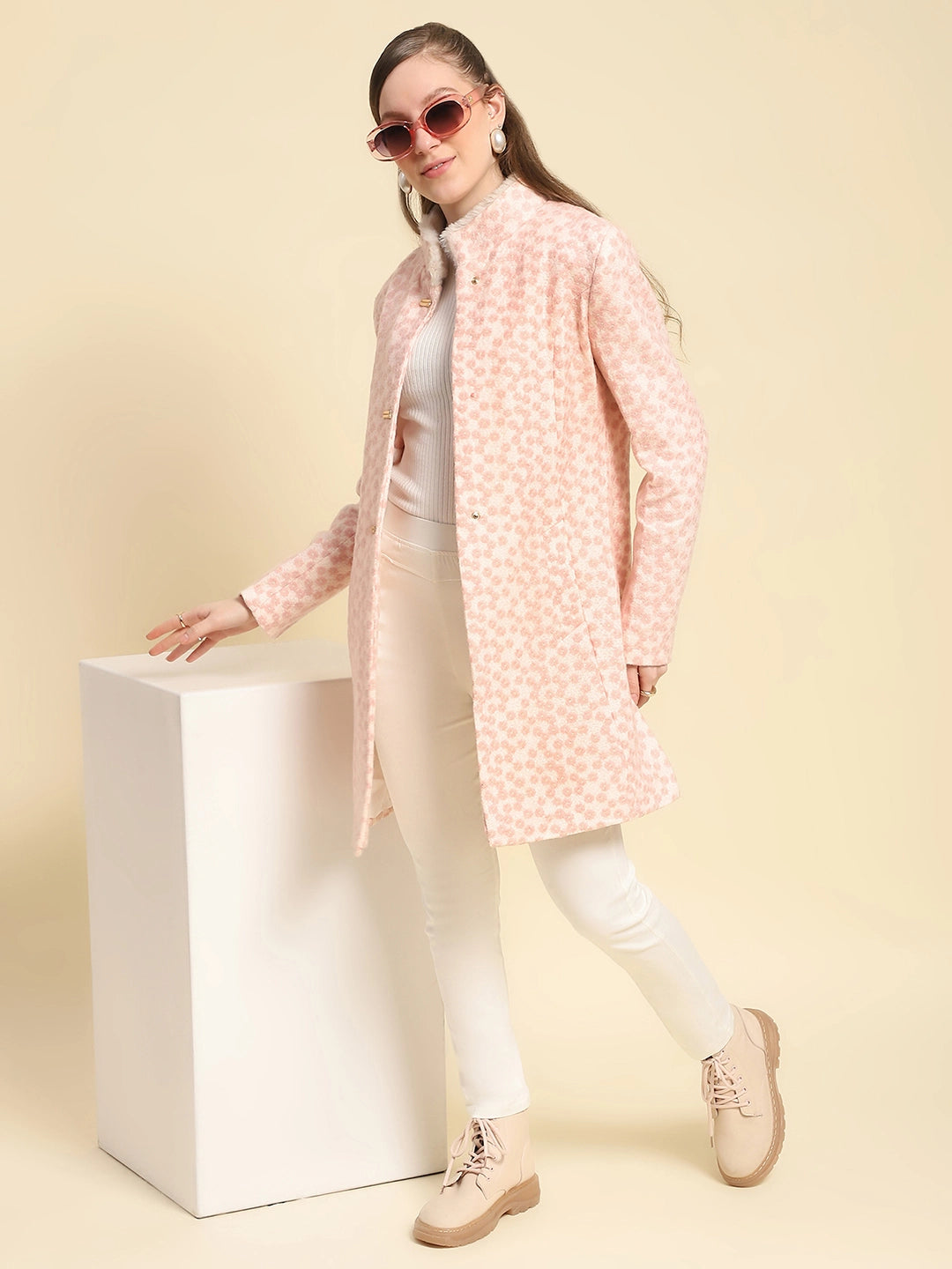 Pink Floral Embroidery Poly Acrylic Regular Fit Coat