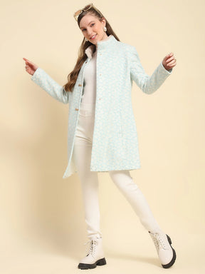 Sky Blue Floral Embroidery Poly Acrylic Regular Fit Coat