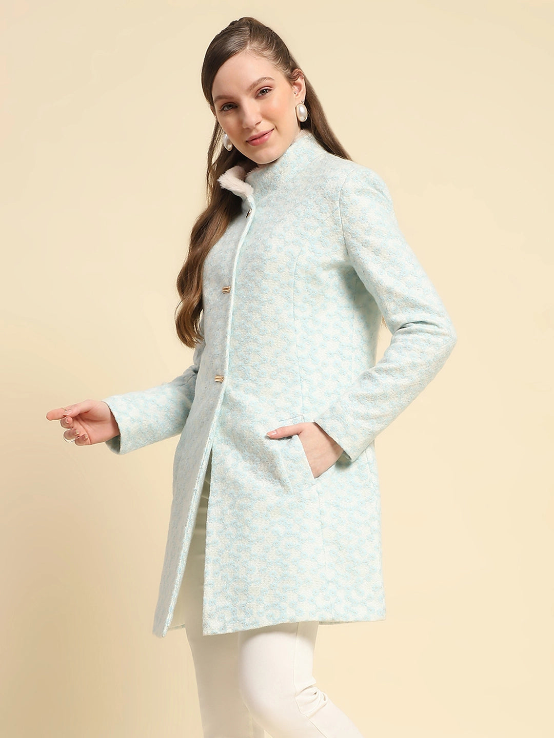 Sky Blue Floral Embroidery Poly Acrylic Regular Fit Coat