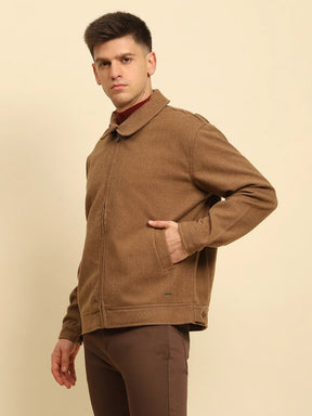 Brown Ploy Blend Textured Regular Fit Jacket