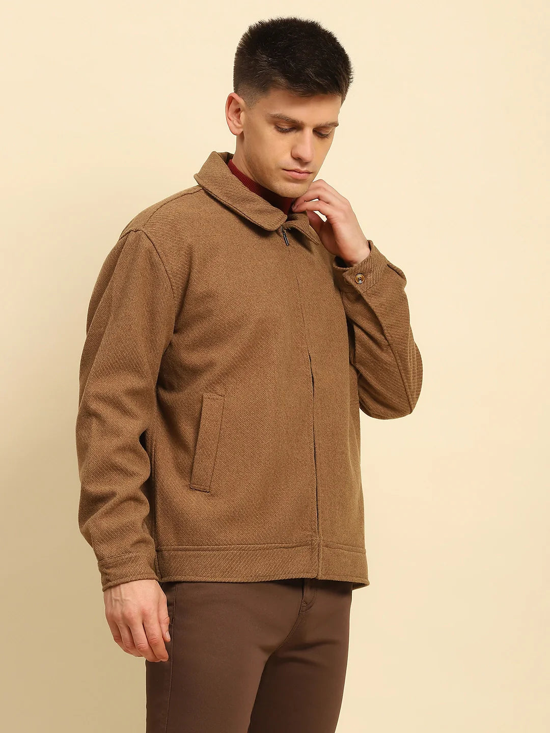 Brown Ploy Blend Textured Regular Fit Jacket