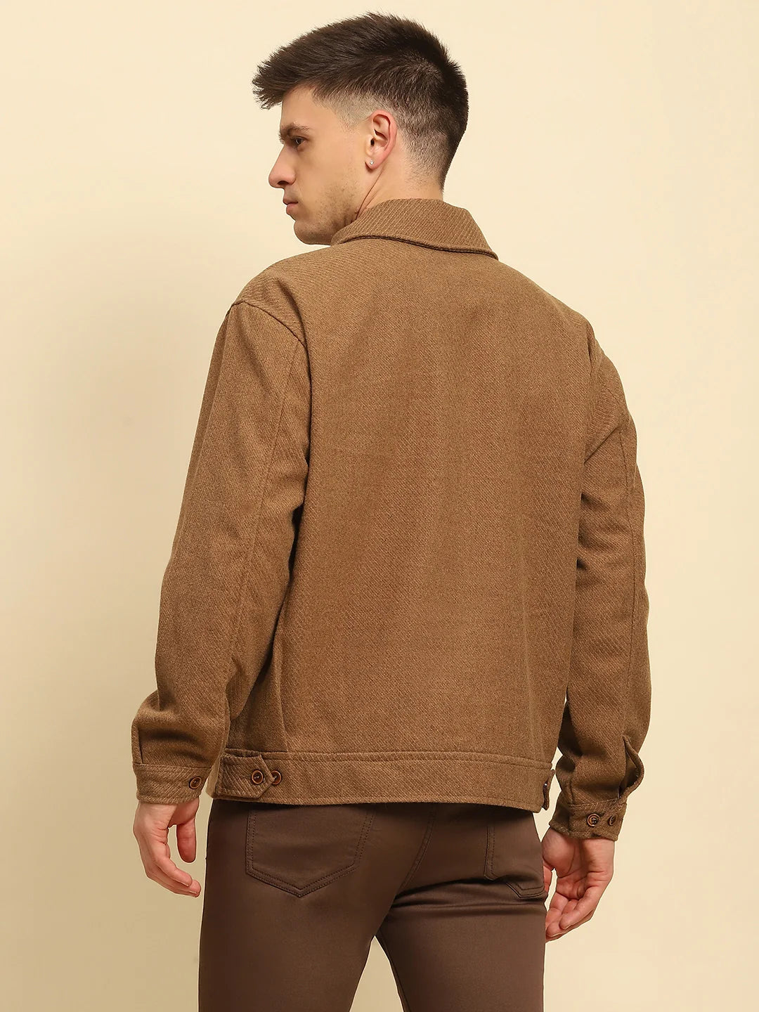 Brown Ploy Blend Textured Regular Fit Jacket