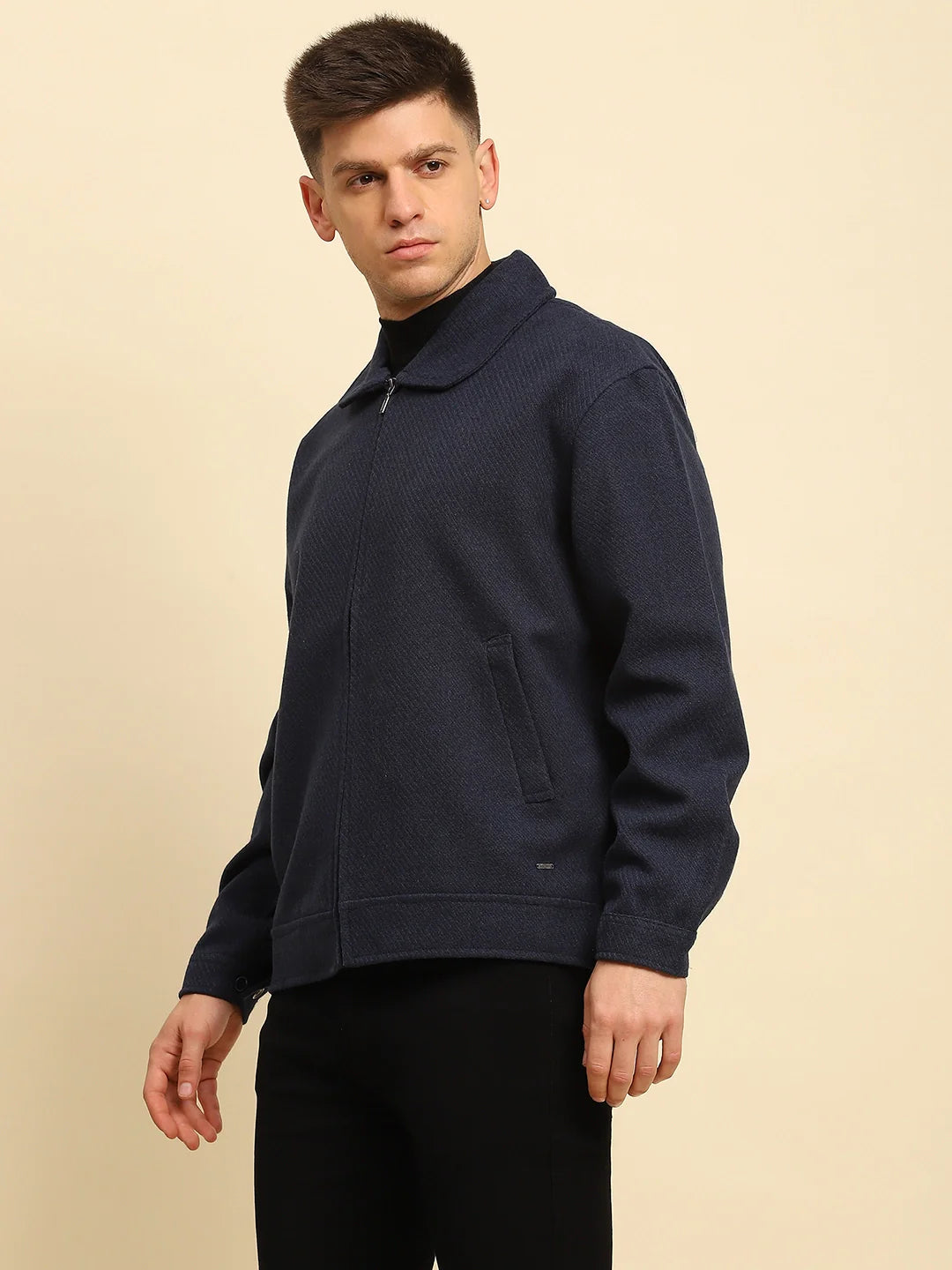 Navy Blue Ploy Blend Textured Regular Fit Jacket