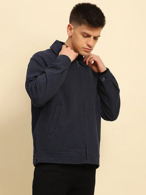 Navy Blue Ploy Blend Textured Regular Fit Jacket