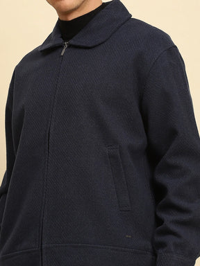 Navy Blue Ploy Blend Textured Regular Fit Jacket