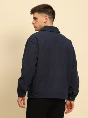 Navy Blue Ploy Blend Textured Regular Fit Jacket