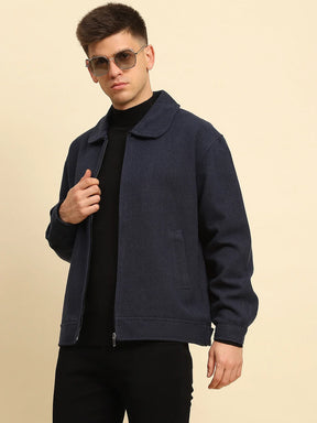 Navy Blue Ploy Blend Textured Regular Fit Jacket