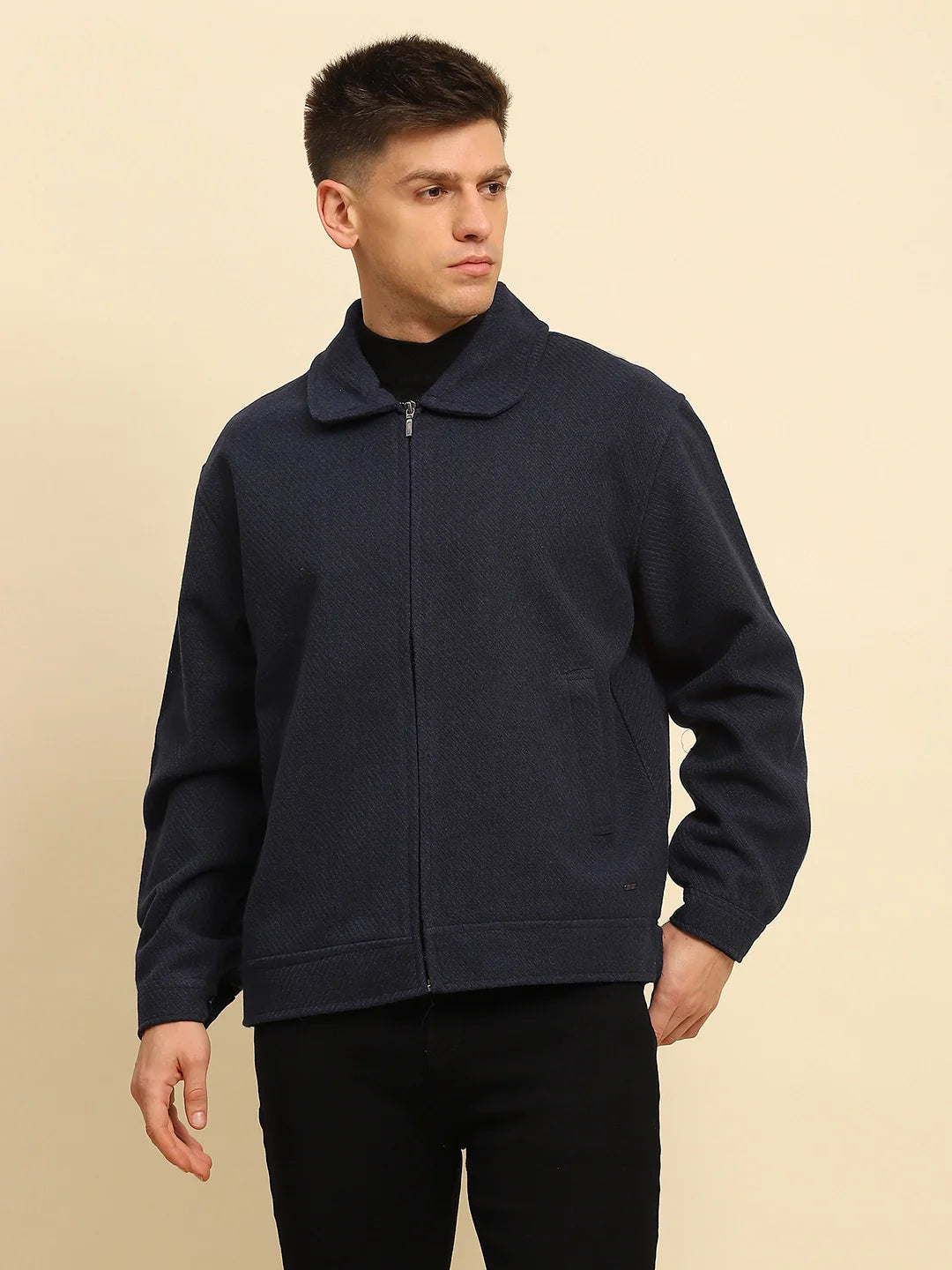 Navy Blue Ploy Blend Textured Regular Fit Jacket