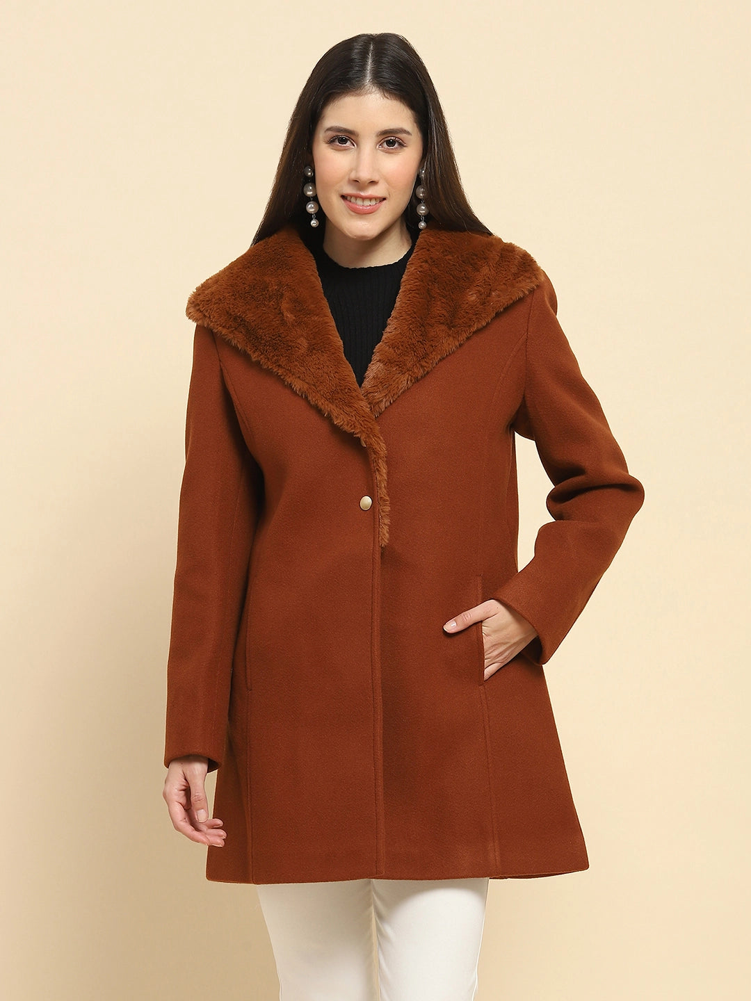 Brown Poly Blend Solid Regular Fit Long Coat For Winter