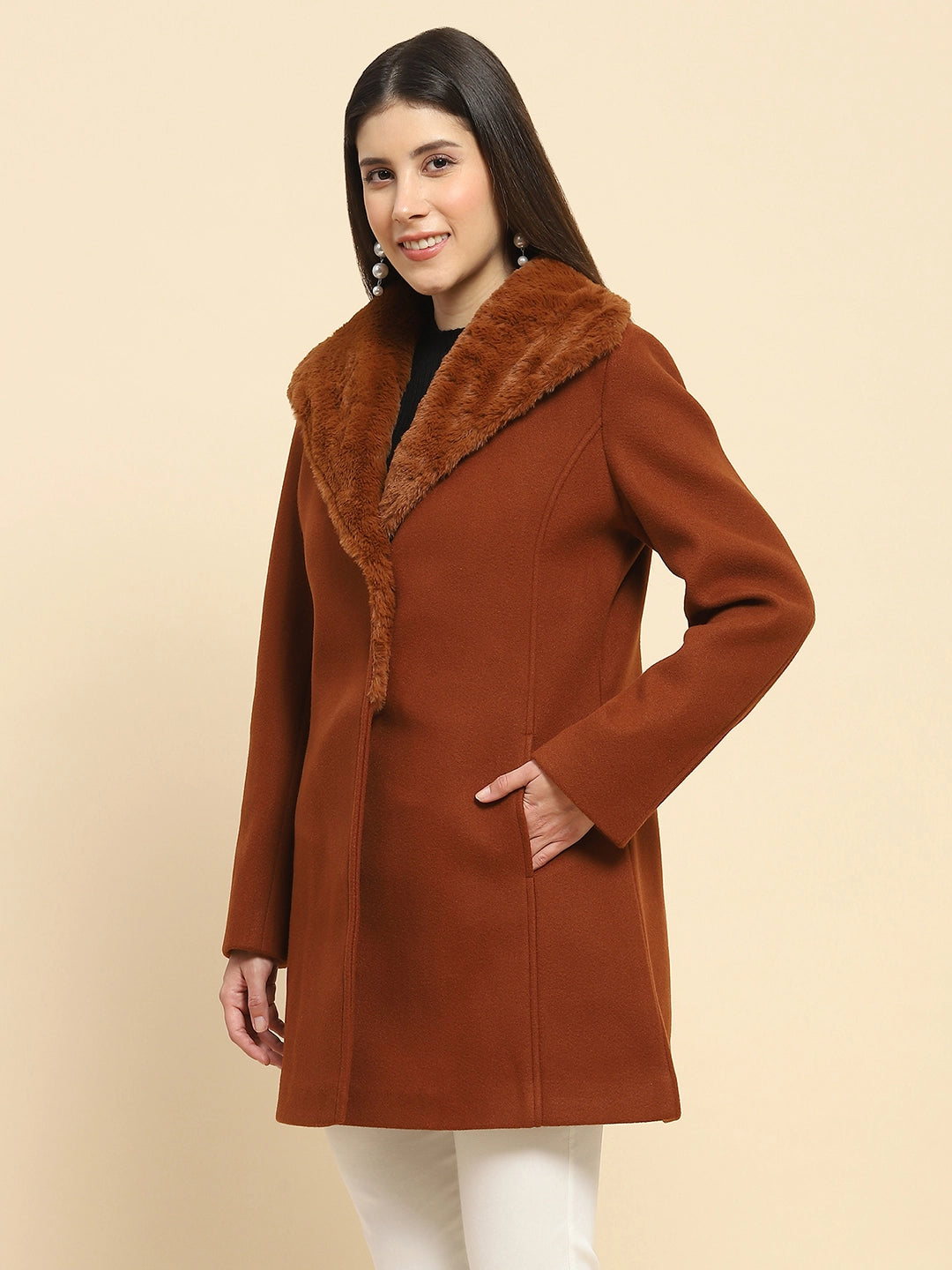 Brown Poly Blend Solid Regular Fit Long Coat For Winter