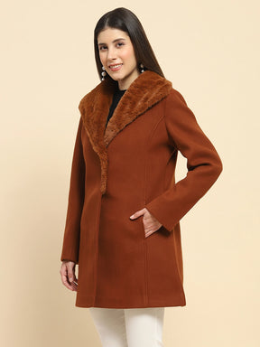 Brown Poly Blend Solid Regular Fit Long Coat For Winter