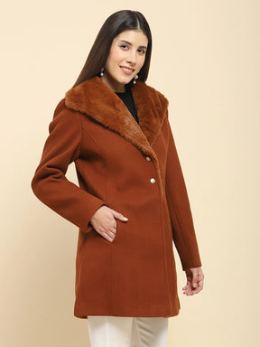 Brown Poly Blend Solid Regular Fit Long Coat For Winter