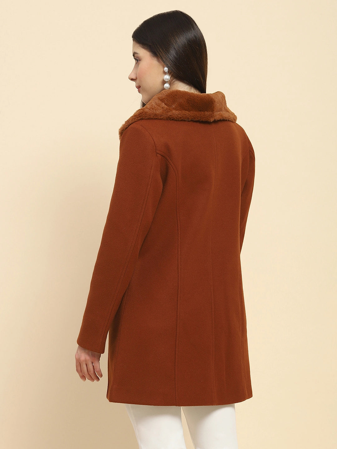 Brown Poly Blend Solid Regular Fit Long Coat For Winter