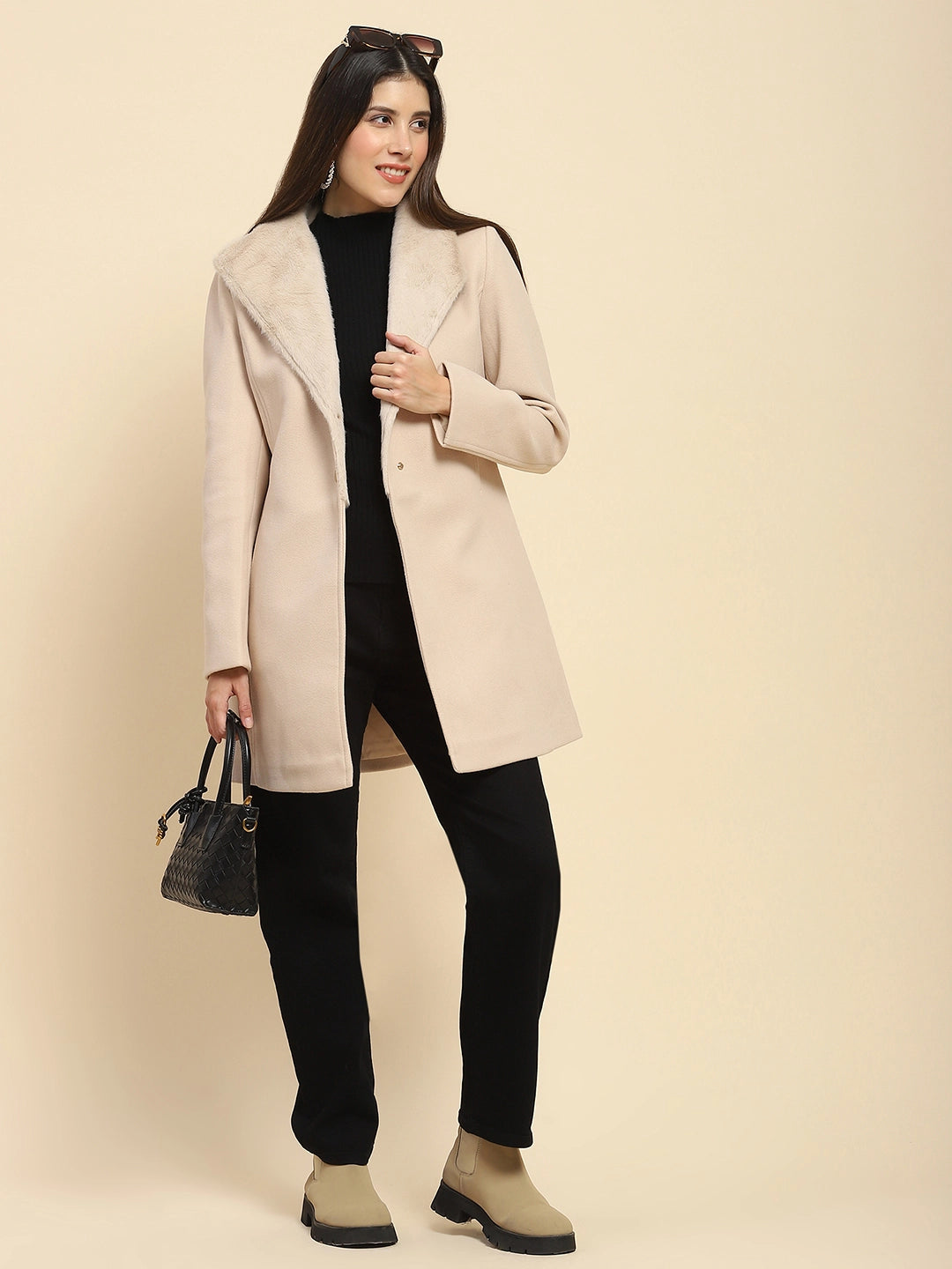 Nude Poly Blend Solid Regular Fit Long Coat For Winter