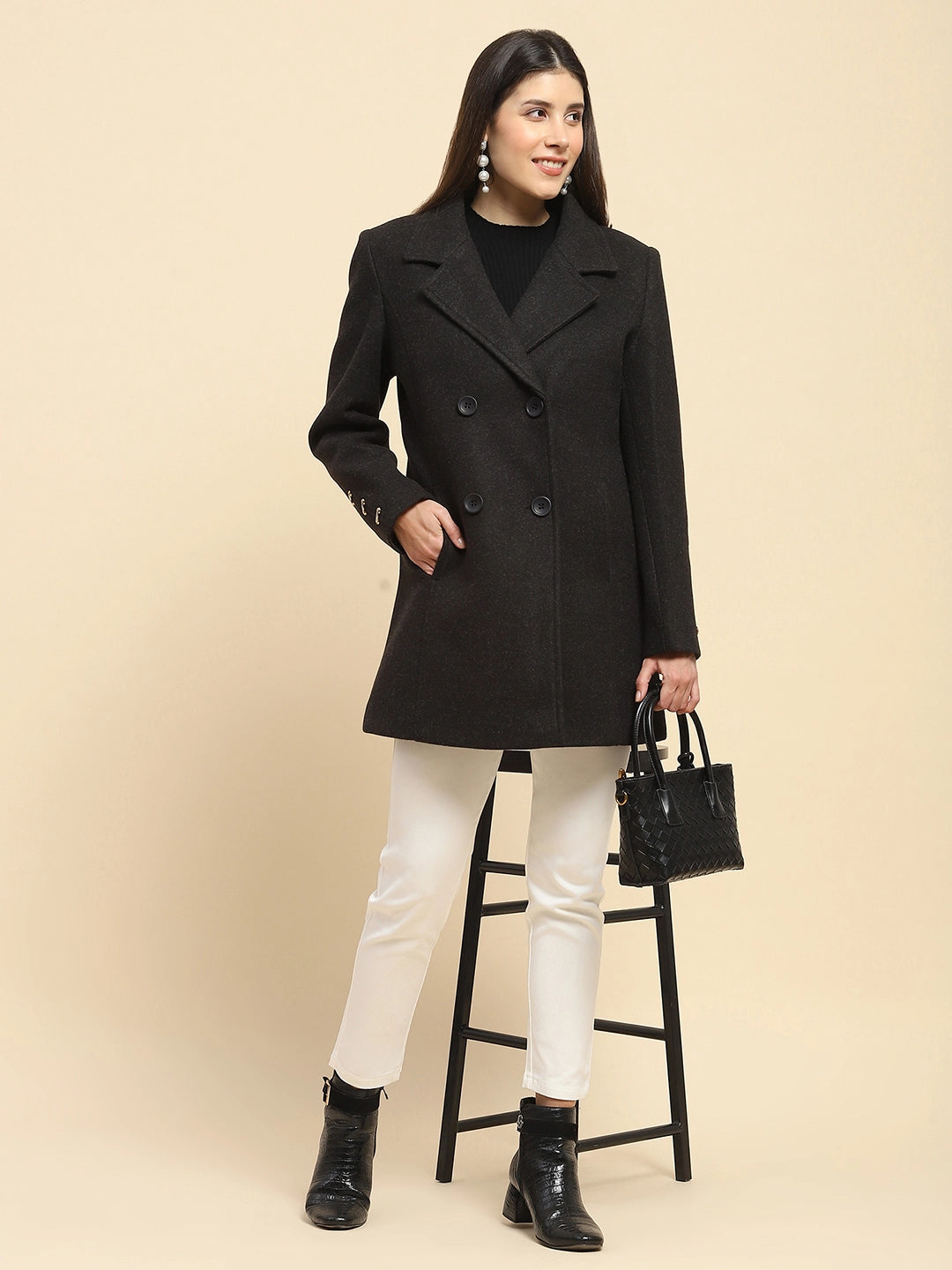 Anthracite Poly Blend Solid Regular Fit Long Coat For Winter