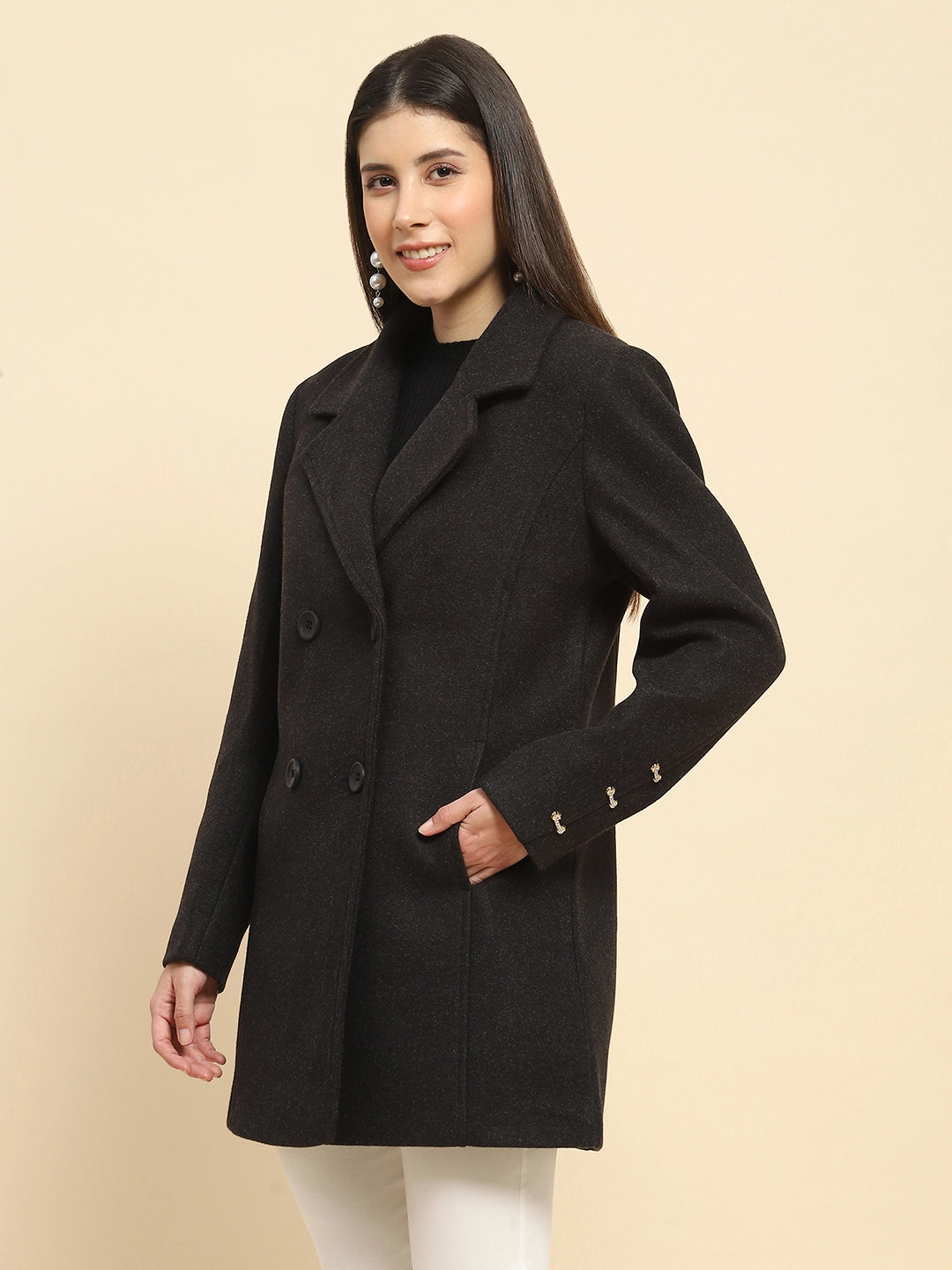 Anthracite Poly Blend Solid Regular Fit Long Coat For Winter