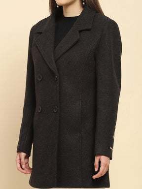 Anthracite Poly Blend Solid Regular Fit Long Coat For Winter