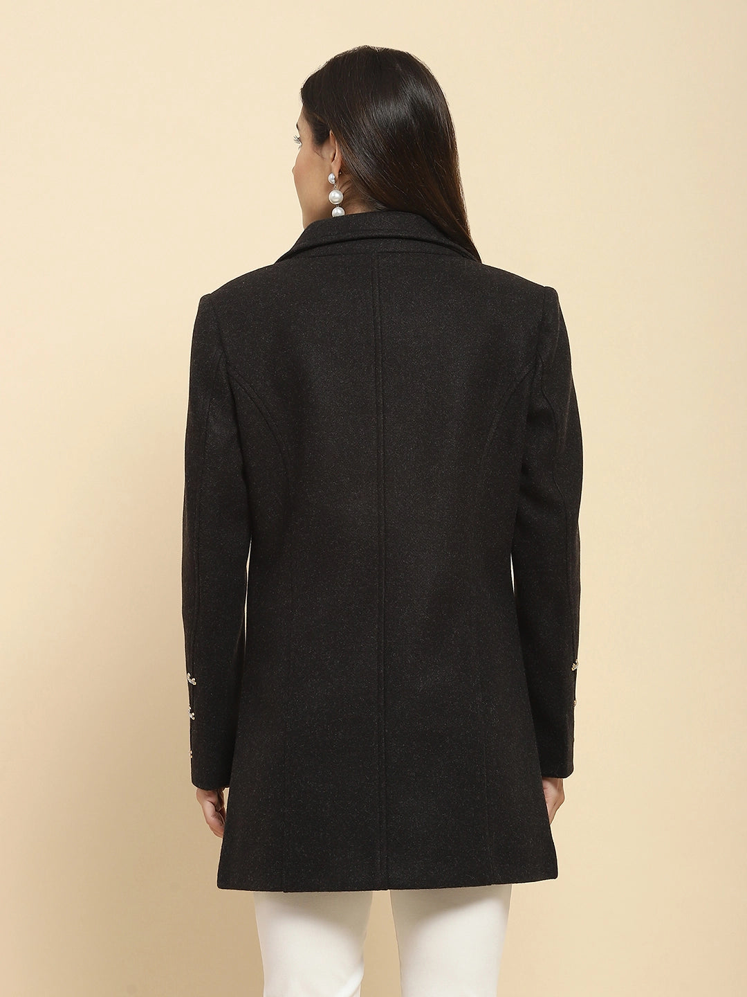 Anthracite Poly Blend Solid Regular Fit Long Coat For Winter