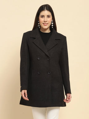 Anthracite Poly Blend Solid Regular Fit Long Coat For Winter