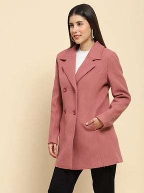 Onion Pink Poly Blend Solid Regular Fit Long Coat For Winter