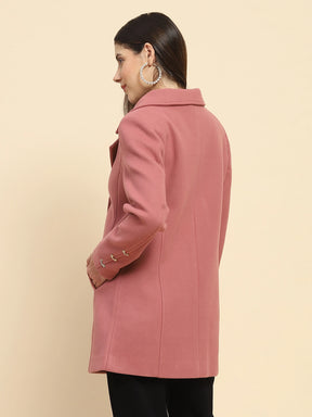 Onion Pink Poly Blend Solid Regular Fit Long Coat For Winter