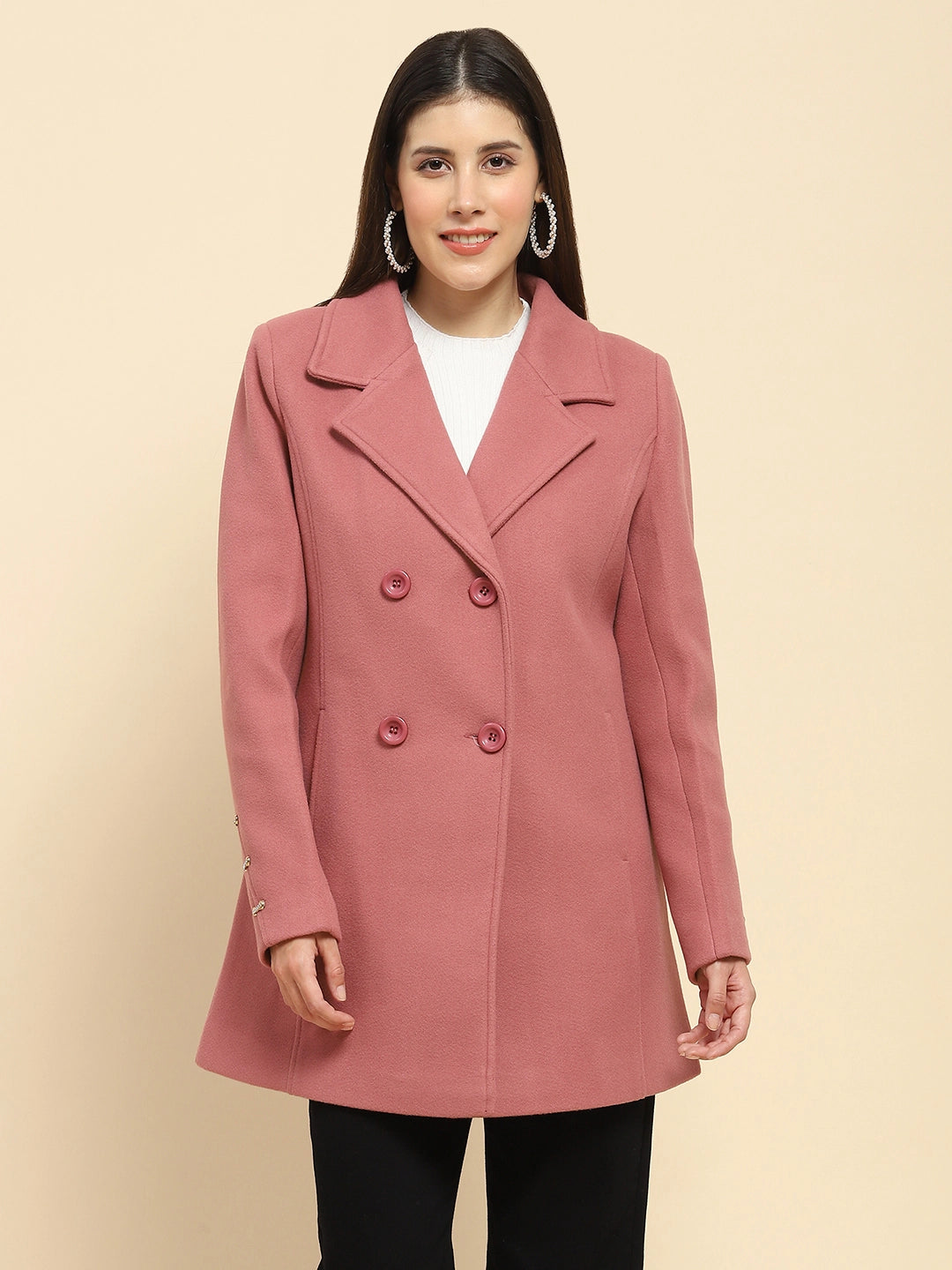 Onion Pink Poly Blend Solid Regular Fit Long Coat For Winter