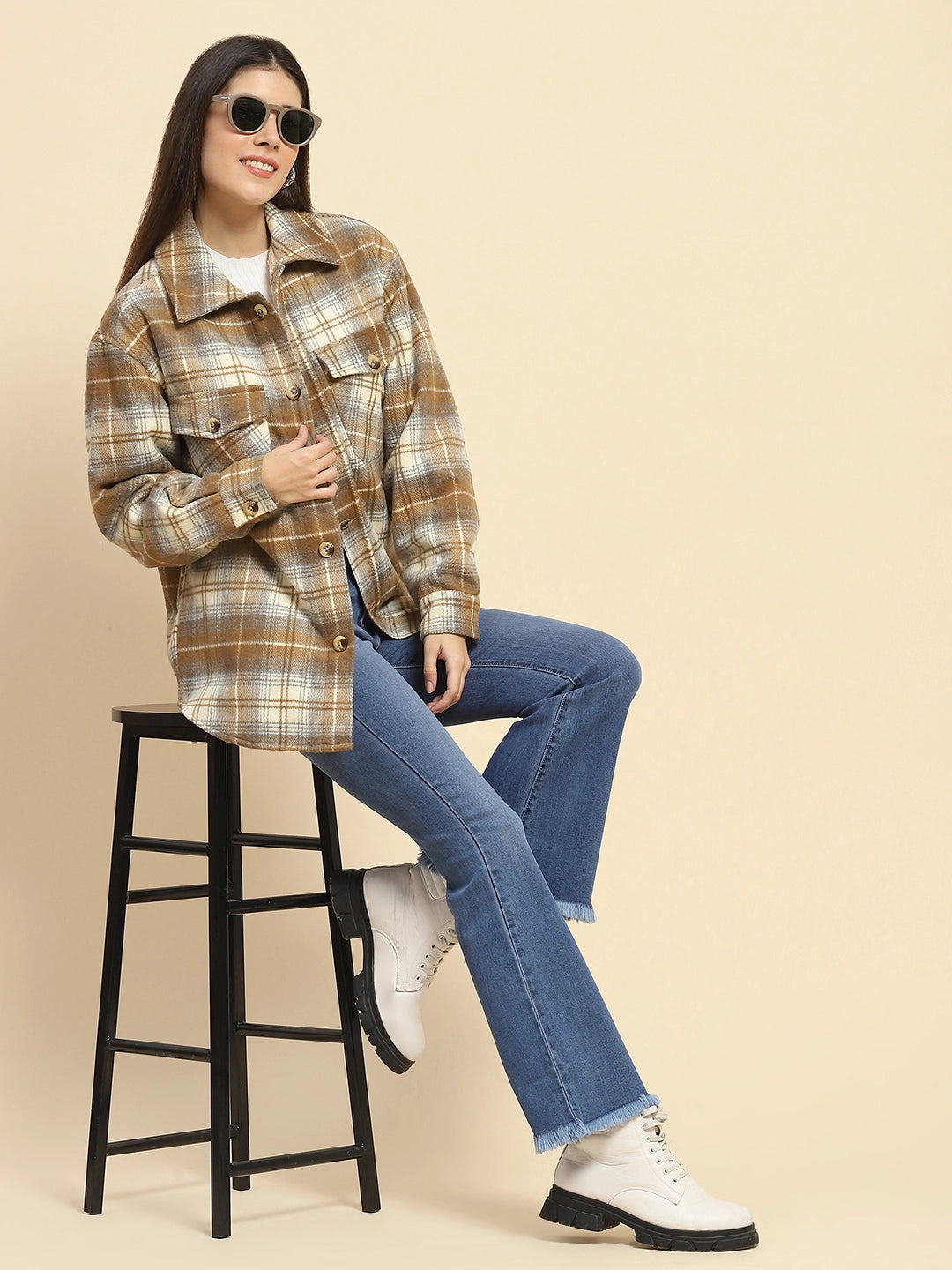 Brown Poly Blend Checkered Oversized Shacket For Winter