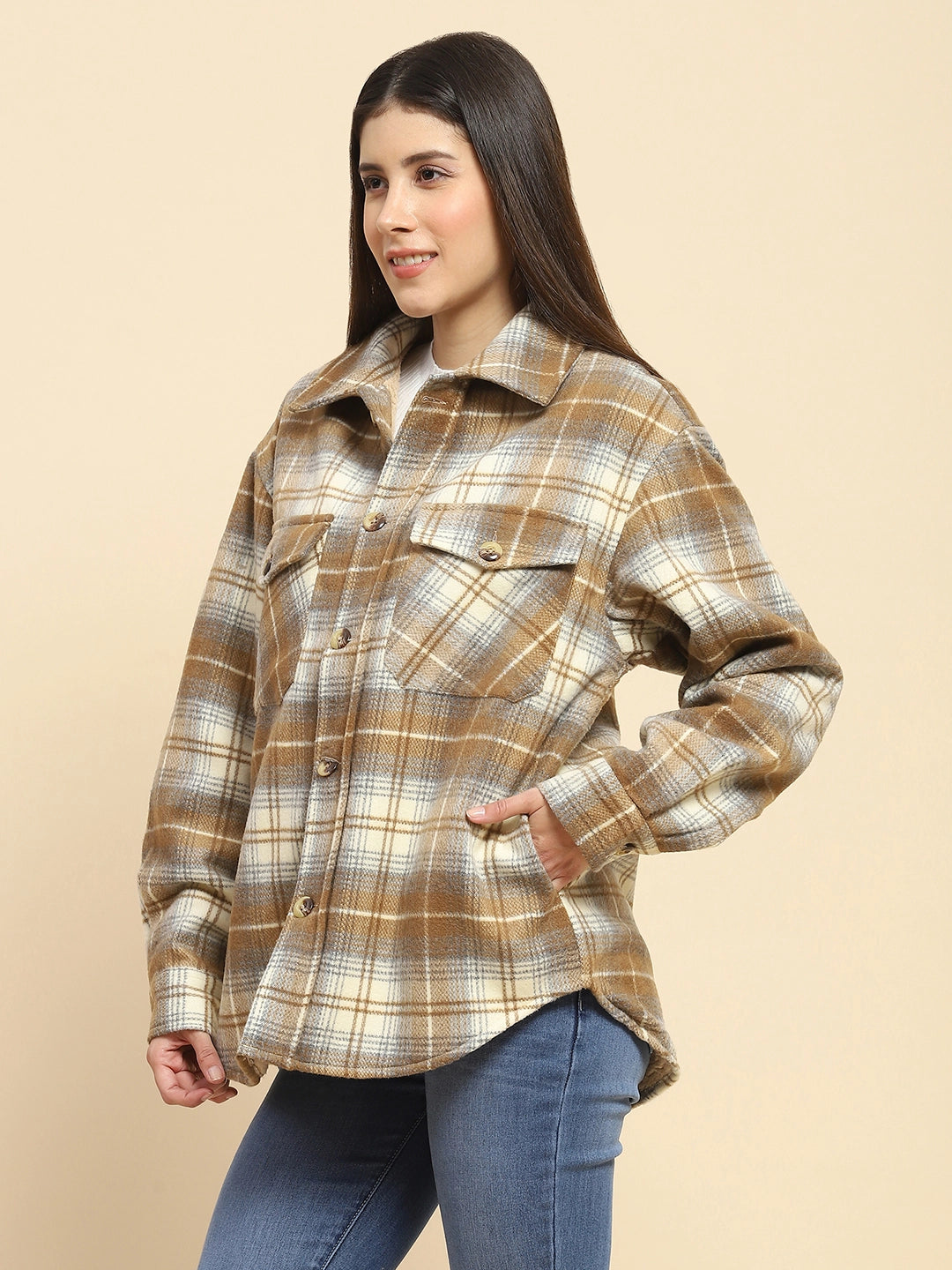 Brown Poly Blend Checkered Oversized Shacket For Winter