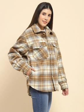 Brown Poly Blend Checkered Oversized Shacket For Winter