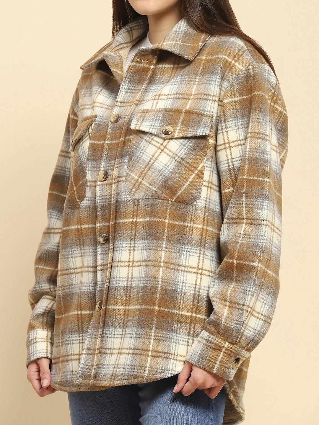 Brown Poly Blend Checkered Oversized Shacket For Winter