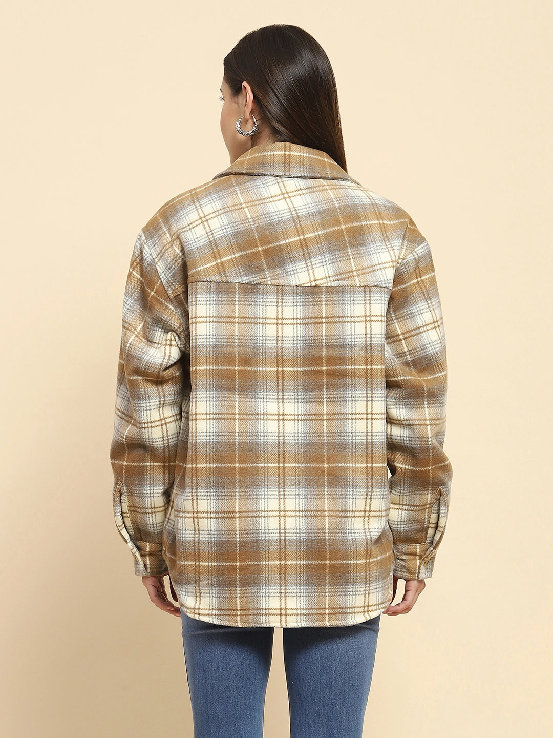 Brown Poly Blend Checkered Oversized Shacket For Winter