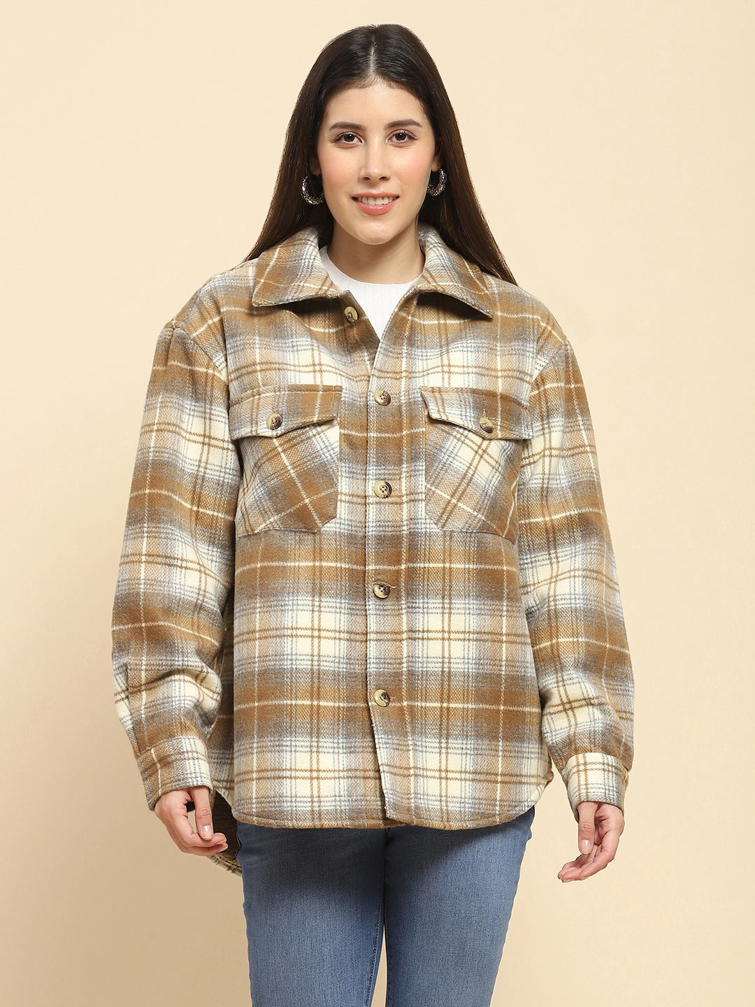 Brown Poly Blend Checkered Oversized Shacket For Winter