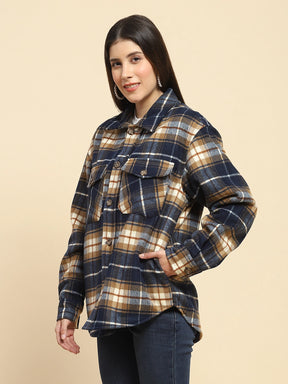 Navy Blue Poly Blend Checkered Oversized Shacket For Winter