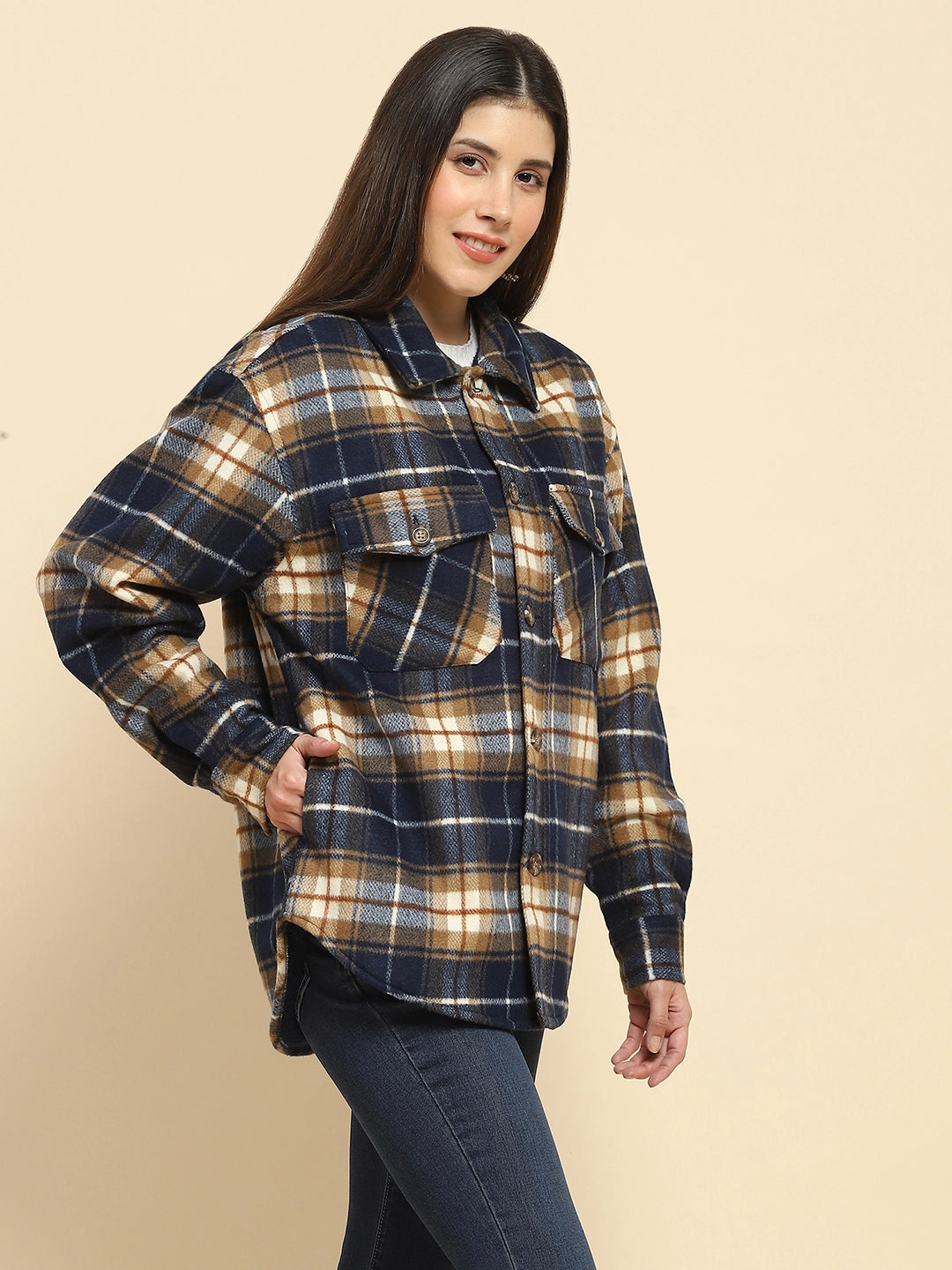 Navy Blue Poly Blend Checkered Oversized Shacket For Winter