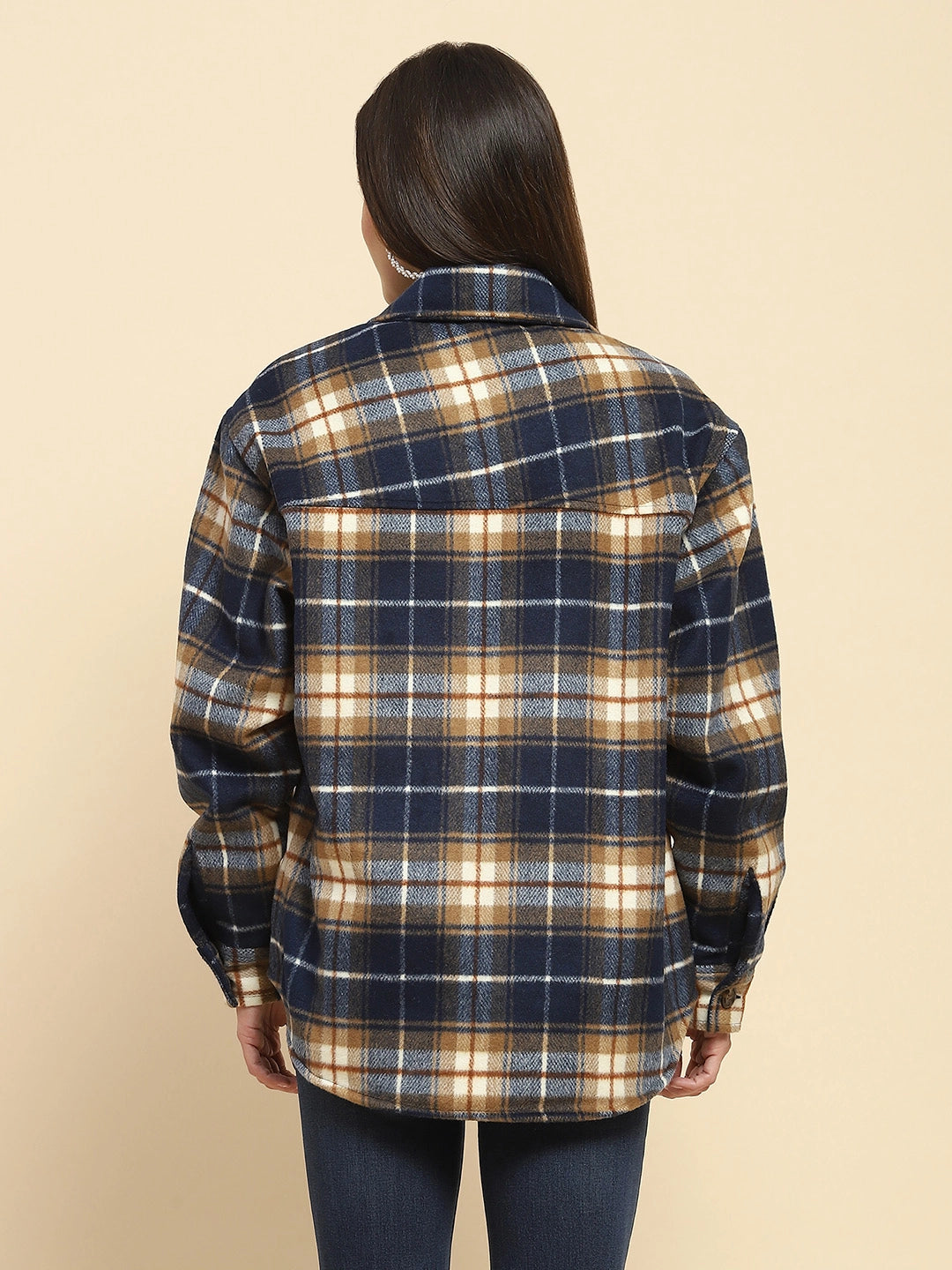 Navy Blue Poly Blend Checkered Oversized Shacket For Winter